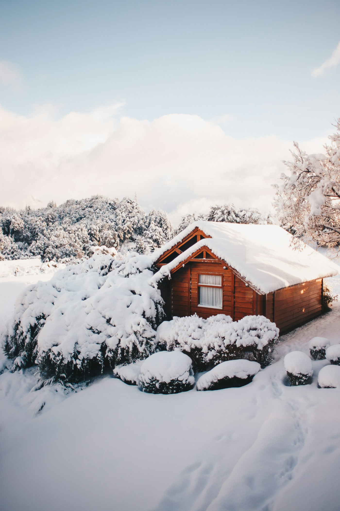 Chalet en bois couvert de neige